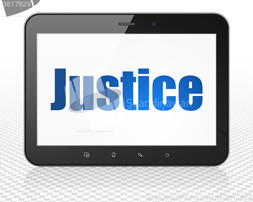 Image of Law concept: Tablet Pc Computer with Justice on display