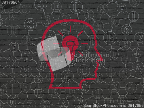 Image of Data concept: Head With Lightbulb on wall background