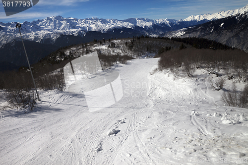 Image of Top view on ski slope in nice sun day