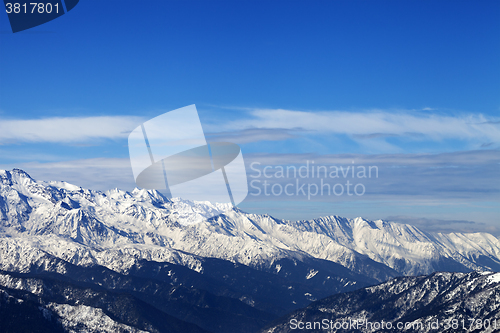 Image of View on snowy mountains in nice sunny day