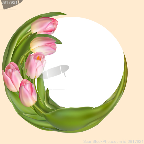 Image of Round banner with pink tulips. EPS 10