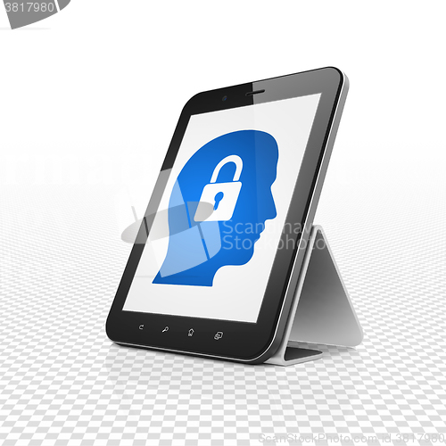 Image of Data concept: Tablet Computer with Head With Padlock on display
