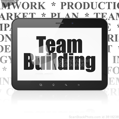 Image of Business concept: Tablet Computer with Team Building on display