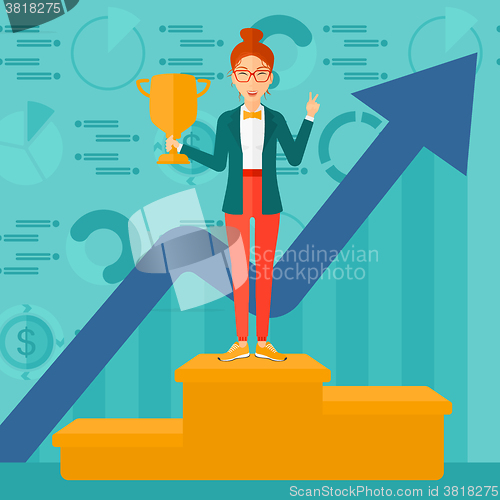 Image of Cheerful woman on pedestal.