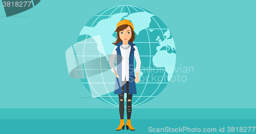 Image of Business woman standing on globe background.