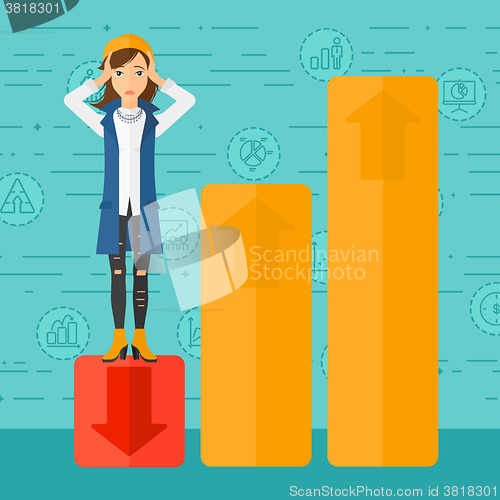 Image of Business woman standing on low graph.