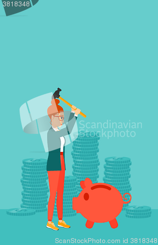 Image of Woman breaking piggy bank.