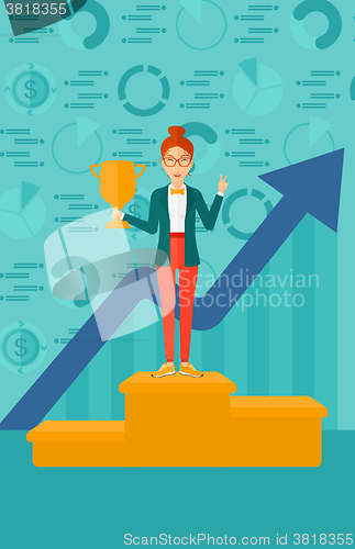 Image of Cheerful woman on pedestal.