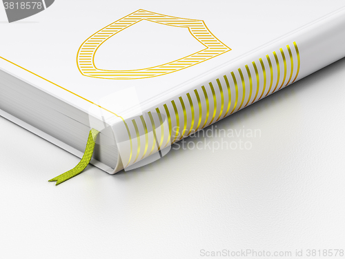 Image of Safety concept: closed book, Contoured Shield on white background