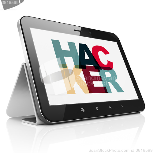 Image of Safety concept: Tablet Computer with Hacker on  display