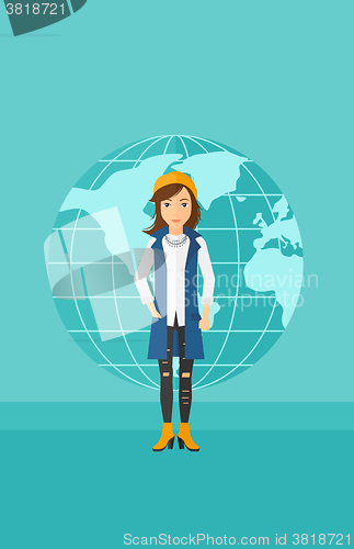 Image of Business woman standing on globe background.