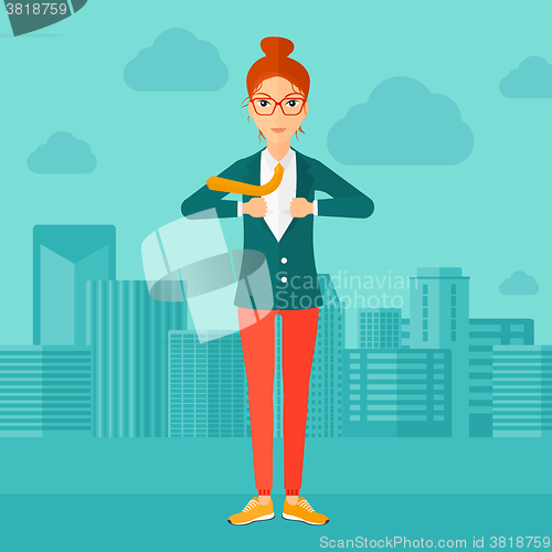 Image of Business woman taking off jacket.