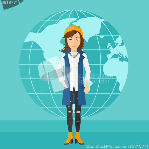 Image of Business woman standing on globe background.