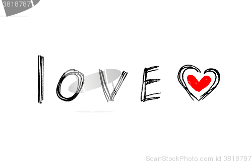 Image of Word ''Love'' with abstract heart on white background