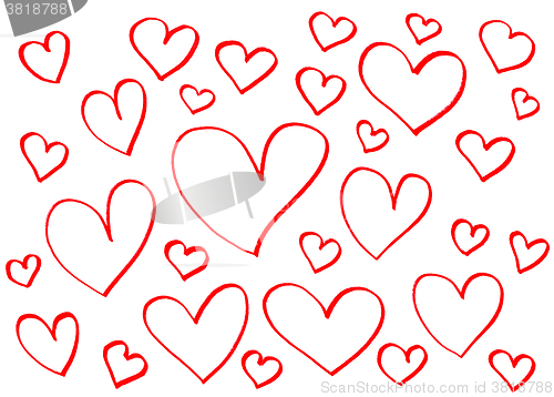 Image of Red bright hearts on white background