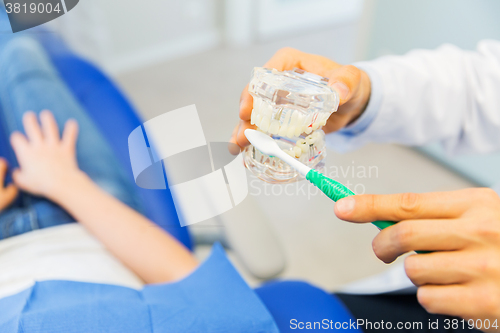 Image of close up of dentist showing teeth maquette to girl