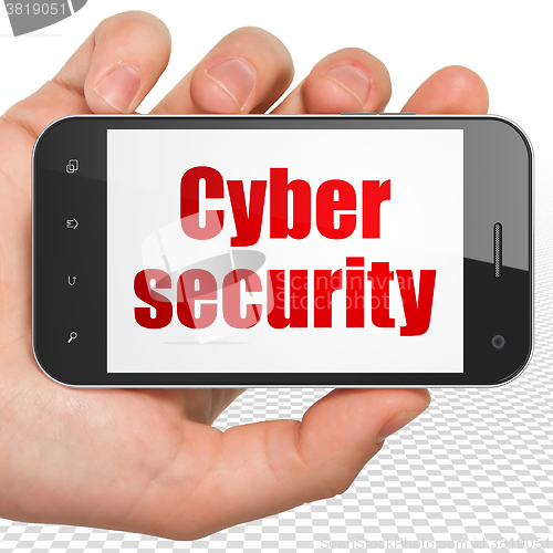 Image of Privacy concept: Hand Holding Smartphone with Cyber Security on display