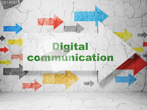 Image of Information concept: arrow with Digital Communication on grunge wall background