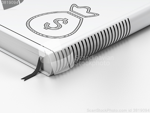 Image of Money concept: closed book, Money Bag on white background
