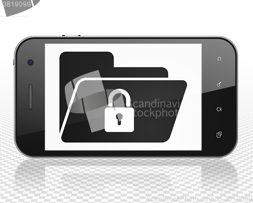 Image of Finance concept: Smartphone with Folder With Lock on display