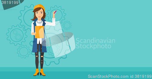 Image of Woman standing on gears background.