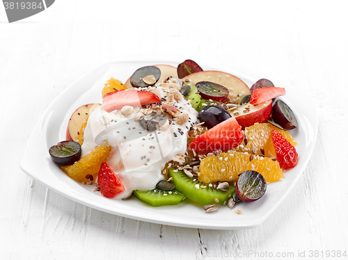 Image of fruit and berry salad on white plate