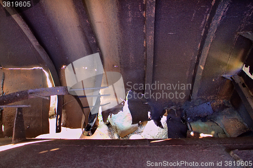 Image of shipwreck from inside body on shore