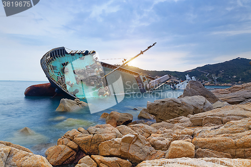 Image of shipwreck or wrecked cargo ship abandoned