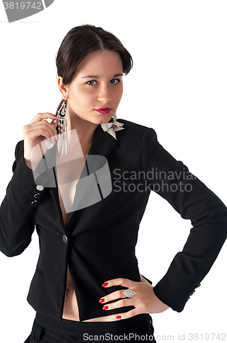 Image of glamorous young woman in black suit