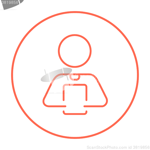 Image of Man holding digital tablet line icon.