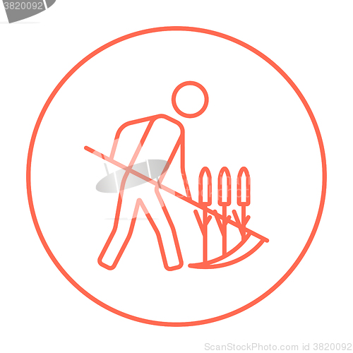 Image of Man mowing grass with scythe line icon.