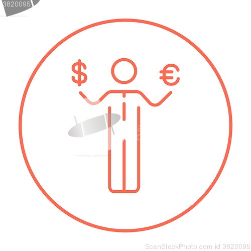 Image of Businessman holding Euro and US dollar line icon.