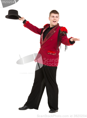 Image of Emotional Entertainer in Red Suit and Silk Hat