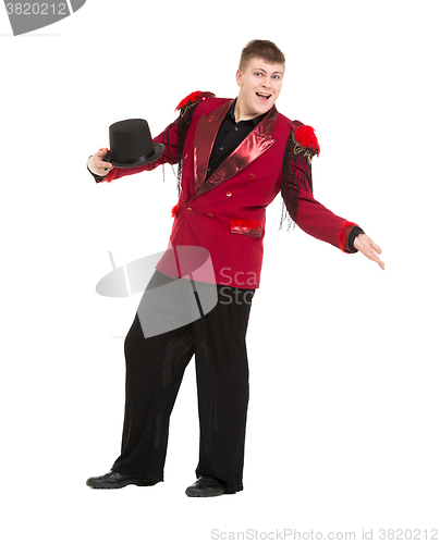 Image of Emotional Entertainer in Red Suit and Silk Hat