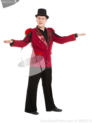Image of Emotional Entertainer in Red Suit and Silk Hat