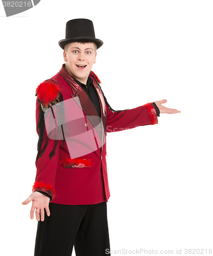 Image of Emotional Entertainer in Red Suit and Silk Hat