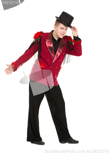 Image of Emotional Entertainer in Red Suit and Silk Hat