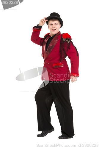 Image of Emotional Entertainer in Red Suit and Silk Hat