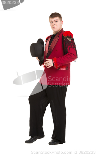 Image of Emotional Entertainer in Red Suit and Silk Hat