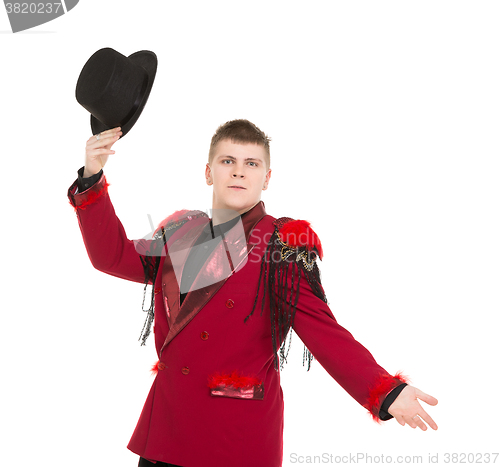 Image of Emotional Entertainer in Red Suit and Silk Hat