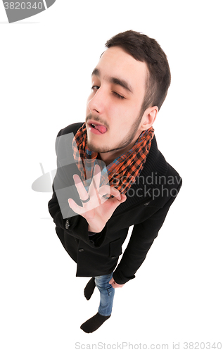 Image of Young Man in Black Dress Show gestures OK