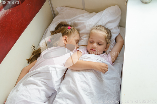 Image of Sisters sleep on a cot in a train