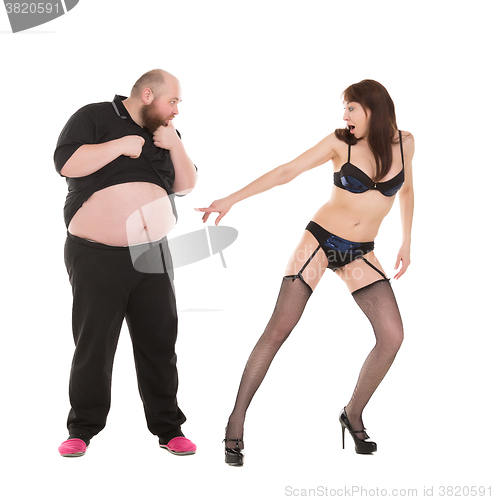 Image of Almost Naked Woman Appalled and Surprised by the Size Man Stomac