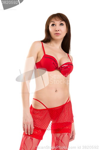 Image of Seductive Woman in Sexy Red Lingerie