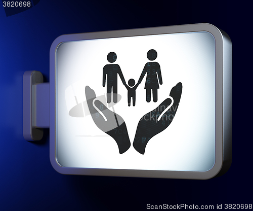 Image of Insurance concept: Family And Palm on billboard background