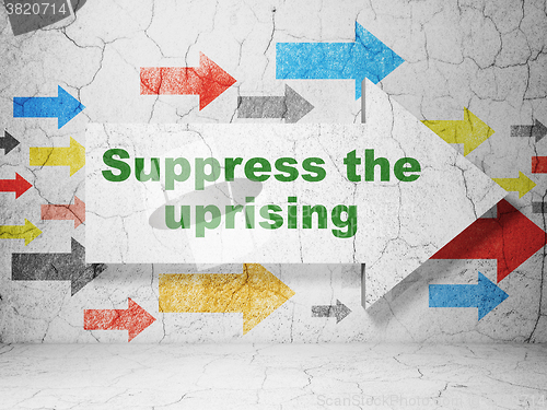 Image of Politics concept: arrow with Suppress The Uprising on grunge wall background