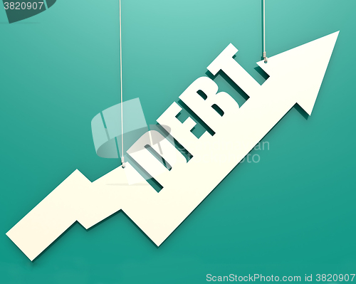 Image of White arrow with debt word hang on cyan background