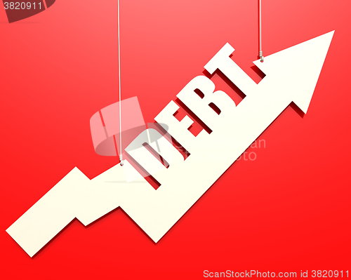 Image of White arrow with debt word hang on red background