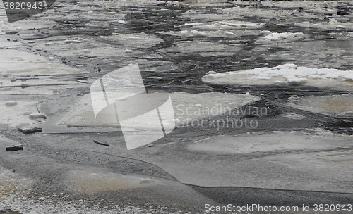 Image of  blocks of ice on frozen river