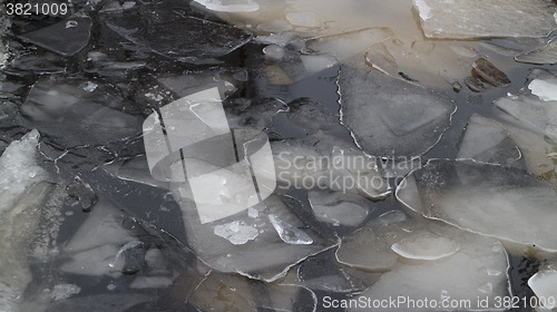 Image of  blocks of ice on frozen river